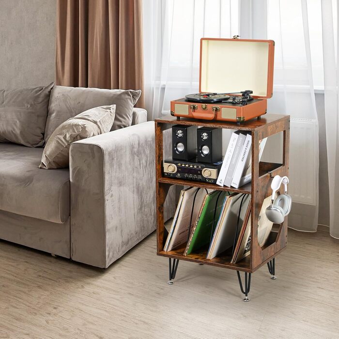 Підставка для програвача вінтажна, приставний столик, полиця для програвача з місцем для зберігання, дерев'яний стіл для програвача, утримує 160 альбомів, для вітальні, спальні, офісу