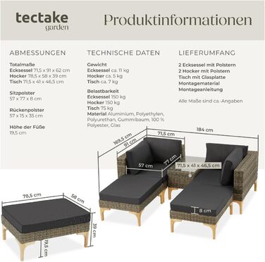 Тектейк® Набір садово-розкладних меблів з ротангу Outdoor Lounge на 5 місць, з кутовим кріслом, пуфом, столиком, комплект для відпочинку, з подушками для сидіння та спинки (Натуральний)
