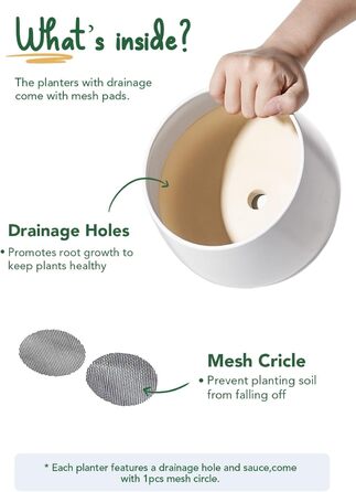 Керамічні горщики LE TAUCI з підставкою, 10+13+16 см, набір з 3 горщиків для кімнатних рослин, з дренажним отвором (білий)