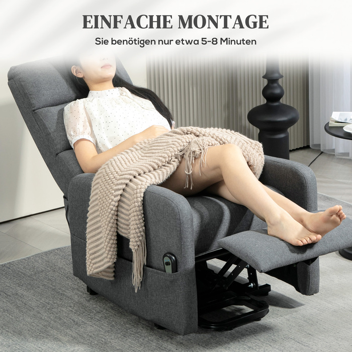 Електричне крісло-релакс з підйомним механізмом, пультом дистанційного керування, м'яким пінополіуретаном, бічною кишенею, оббивкою з текстурою льону, сірого кольору.