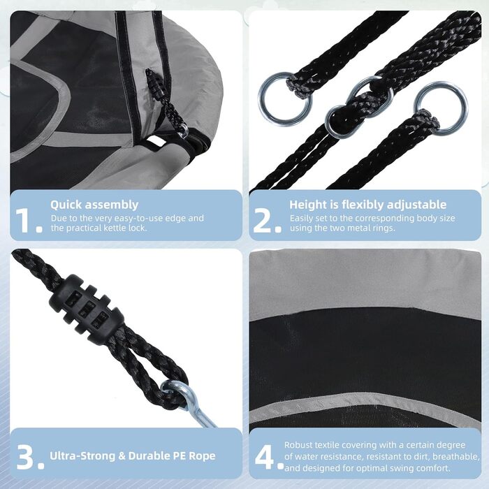 Сітчаста гойдалка ZERRO Nestschaukel для дітей та дорослих, Ø120см, до 150кг, регульована висота, сіра