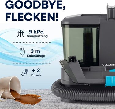 CLEANmaxx Професійний пароочисник та чистий для м'яких меблів Pro Steam | Плямистий очищувач & EASYmaxx Очисник килимів | Миючий пилосос та очищувач для диванів, авто, килимів, м'яких меблів тощо | Очищувач плям (Чорний з шампунем, Компакт 330W)
