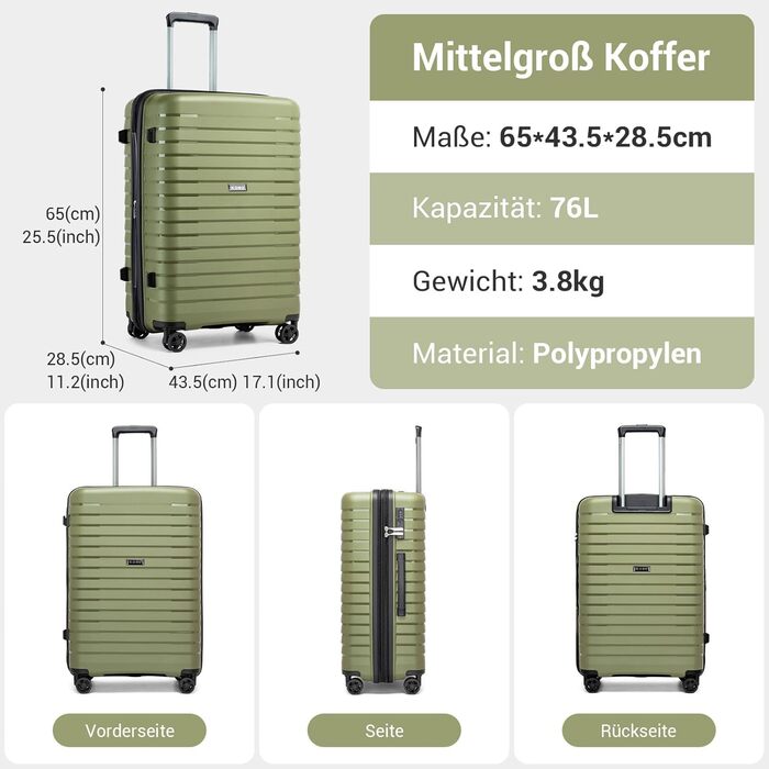 Чемодан KONO середнього розміру з жорсткою обшивкою, PP, з 4 колесами, розширюваний, легкий, з тримачем для напоїв та TSA замком (Зелений, L)