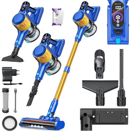 Бездротовий акумуляторний пилосос KESSER® з LED-дисплеєм, до 60 хвилин роботи, тихий, без мішка, з антинамотувальною щіткою, HEPA-фільтр, аромакарта (блакитний/золотий)