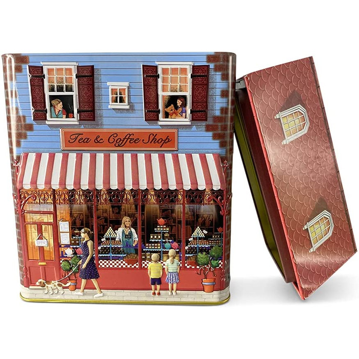 Жерстяна коробка у формі таунхауса Маленький будиночок з навісом Коробка для печива декоративна коробка Банка, приблизно 12 х 7,5 х 15 см Об'єм 1000 мл (чай і кава)