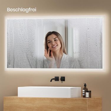 Дзеркало для ванної кімнати EMKE з підсвічуванням 120x60 см, тепле біле світло 3000K, вбудований вимикач, антизапар, 2 кольори світла