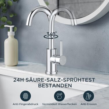 Змішувач для ванної кімнати FORIOUS Hoch 360° з нержавіючої сталі, з підйомним виливом, для кухні/ванної кімнати, з підключенням до гарячої/холодної води, монтаж простий, висота виливу 175 мм, полірована сталь