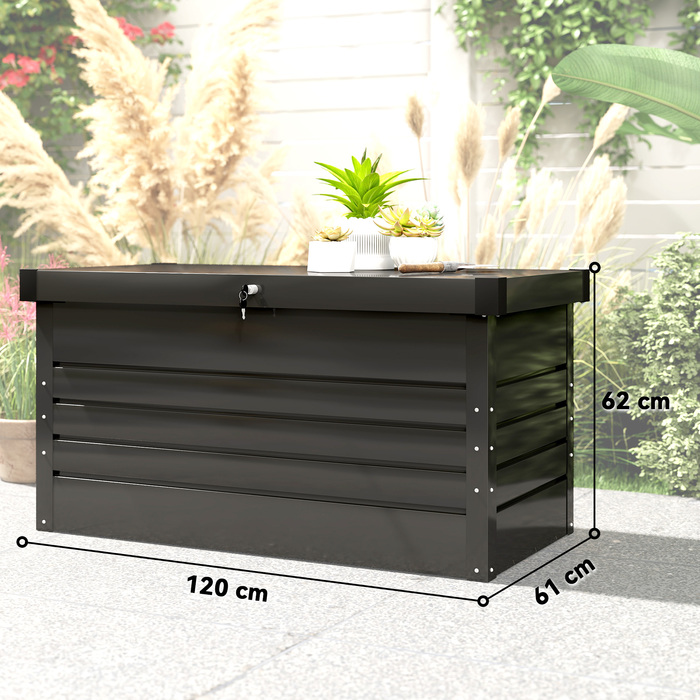 Короб для подушок Gartenbox Metall 450L – міцна металева коробка об'ємом 450 літрів з подвійними стінками кришки. Розміри: 120 x 61 x 62 см. Водостійка, з можливістю замикання. Колір: сірий.