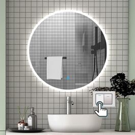 LED дзеркало для ванної кімнати Aica Sanitär, кругле, 50 см, з підсвічуванням (холодне/нейтральне/тепле світло), диммування, функція пам'яті, сенсорне управління, запобігання запотіванню, автоматичне вимкнення