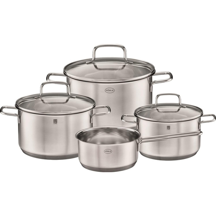 Набір каструль RÖSLE Basic Line 4 шт. з нержавіючої сталі 18/10, склокришки, зручний бортик, індукційне дно, придатний для миття в посудомийній машині, сріблястий/чорний