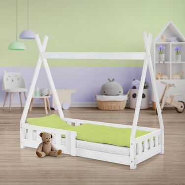 Дитяче ліжко-халапа Tipi 70x140 см біле з бортиками та ламелями, з сосни, індіанське ліжко для дівчаток та хлопчиків, будиночок-ліжко з огорожею, ліжко-халапа для дітей та підлітків, ігрове ліжко-намет