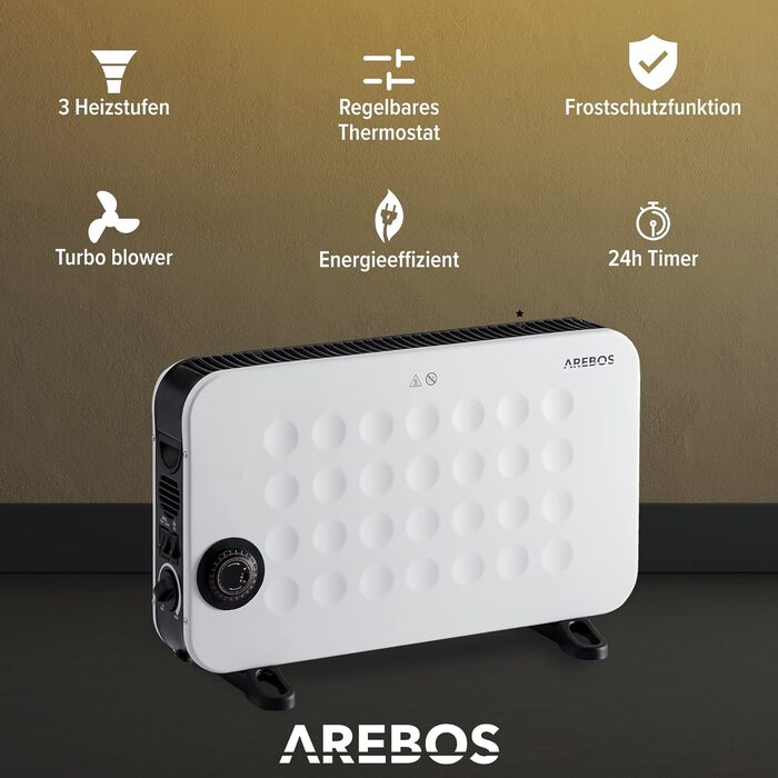 Конвектор Arebos 2000 Вт 3 потужні налаштування нагріву Регульований термостат Енергозбереження Захист від перегріву Мобільний обігрівач з функцією таймера Турбоповітродувка, що перемикається Білий