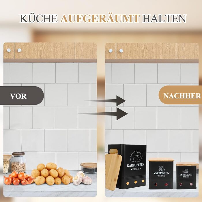 Набір контейнерів для зберігання картоплі, цибулі та часнику, 3 шт. з бамбуковим кришками, чорного кольору. Зберігає овочі свіжими довше, стійкий, складений.