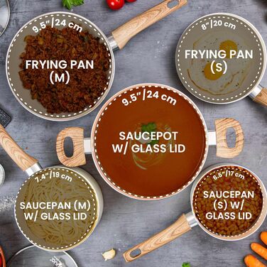 Набір каструль та сковорідок з антипригарним покриттям Nuovva - 8 предметів, кремовий граніт, для індукційних плит