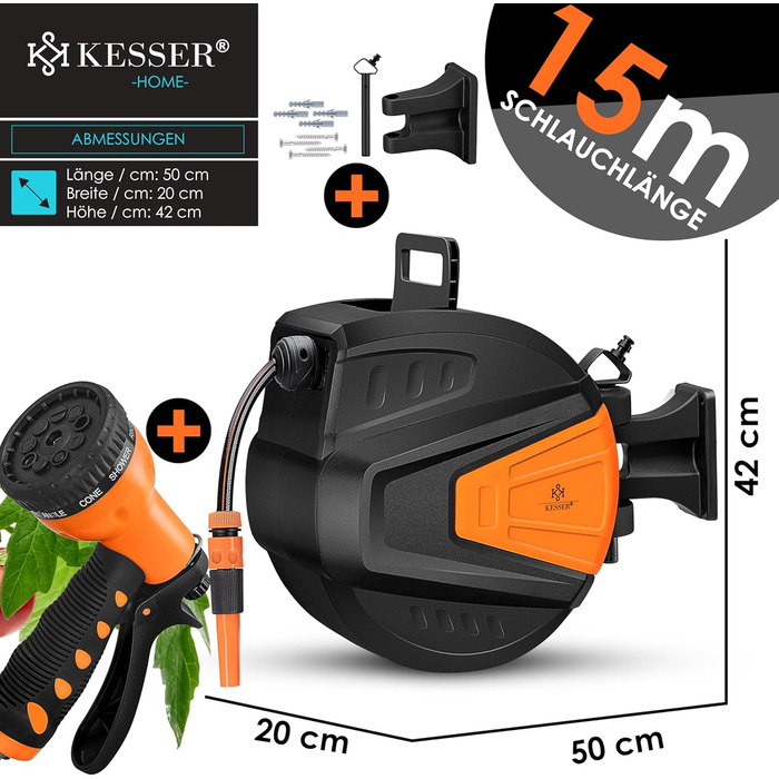 KESSER® Автоматична карусель для шланга 15 м + 2 м, настінна коробка для шланга з автозмотуванням, роликовий механізм для садового шланга, поворотна на 180°, набір з багатофункціональною лійкою з 9 режимами, 2 насадки, помаранчевий