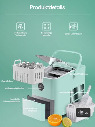 Льодогенератор FOHERE 14 кг/добу, швидке виробництво льоду (5 хв), 2 розміри кулеподібного льоду, самоочищення, м'ятний колір