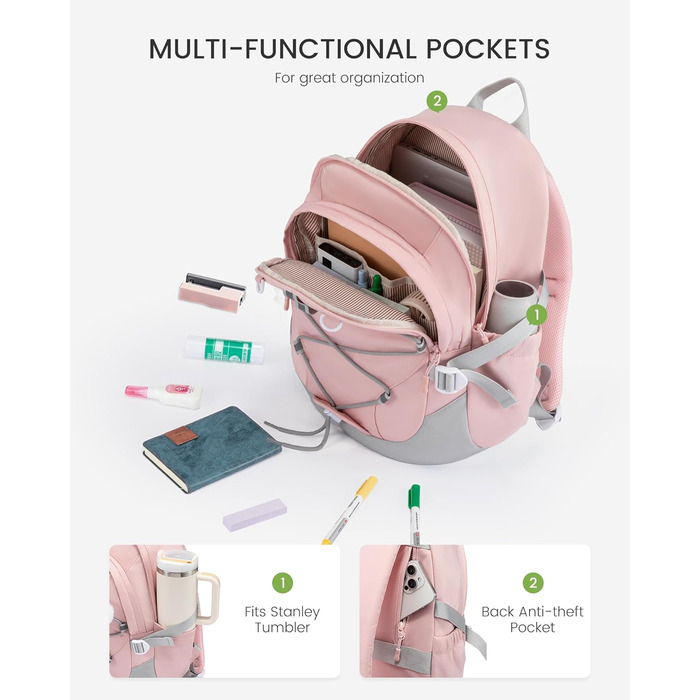 Шкільний рюкзак LOVEVOOK для дівчаток, 5 клас, рюкзак для дітей з нагрудною стрічкою, легка жіноча шкільна сумка, рюкзак для дітей від 8 років для дитячого садка, школи, університету, дозвілля, сірий-рожевий, 15,6 дюймів