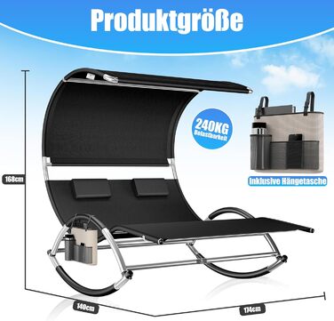 Кесер® Подвійна шезлонг для відпочинку з сонцезахисним дахом, подушкою для голови та кишенею для 2 осіб, чорний