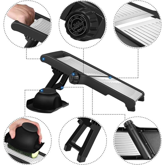 Професійний овочеріз Mandoline Mandoine з 6 лезами та контейнером 3.3 л. Овочеріз, жульєн, подрібнювач цибулі, захист рук, чорно-зелений (L, чорний)