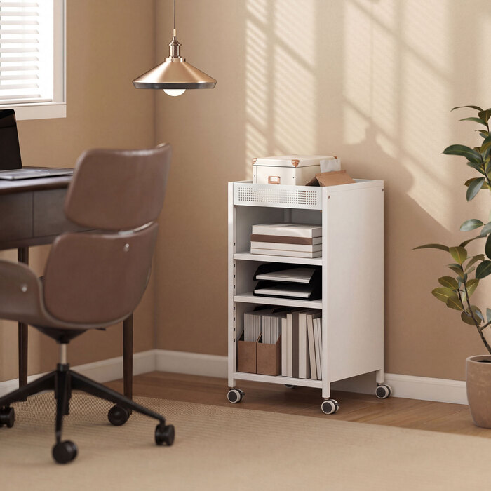 Мобільна полиця для книг з регульованими полицями, 3-рівнева візок з верхньою корзиною, білий