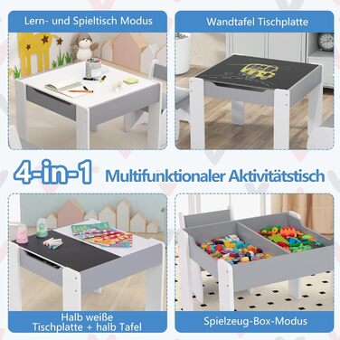 Детский стол со стульями COSTWAY 3 в 1, деревянная мебель для детей 3+, светло-серый, со съемной столешницей и местом для хранения