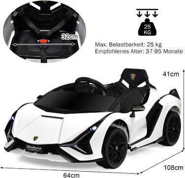 Електромобіль для дітей DREAMADE Lamborghini 12V з дистанційним керуванням, ременем безпеки, підсвіткою, музикою та сигналом, білий, для дітей від 3 років