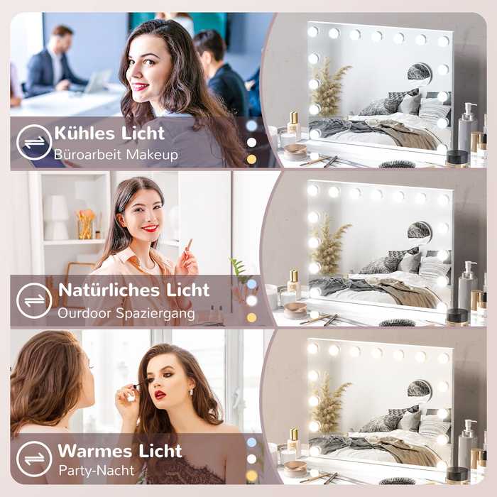 Дзеркало HOMCOM Hollywood зі світлодіодною підсвіткою 58x48 см, 15 LED, 3 режими освітлення, 10-кратне збільшення, портативне, сенсорний вимикач, USB-роз'єм для зарядки, біле