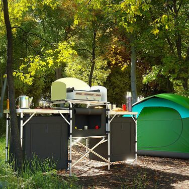 Складана туристична кухня 24MOVE® Campo: шафа для кемпінгу з робочою поверхнею та відсіками для зберігання (175x46x110, чорний)