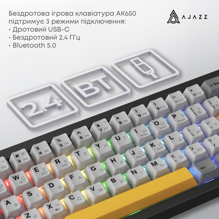Бездротова механічна клавіатура Ajazz AK650 Flying Fish Switch - Black (AK650-FF-BGY)