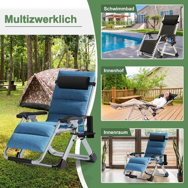 Скромний лежак 200 кг з підголівником, регульований, для дому, балкону, пляжу, басейну (льонові блакитний)
