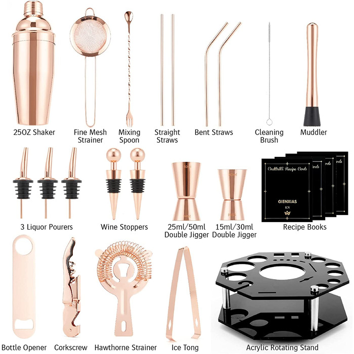 Коктейльний набір з 21 предмета з обертовою підставкою, шейкером з нержавіючої сталі та аксесуарами, в т.ч. стильна подарункова коробка