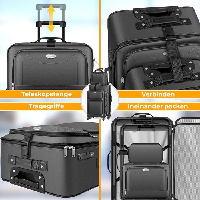 Набір валіз KESSER® 4 шт. | Чотири валізи з тканини з кодовим замком TSA, 360° колесами та телескопічною ручкою | Косметичка, ручна валіза та великі валізи для подорожей та бізнесу (Антрацит)