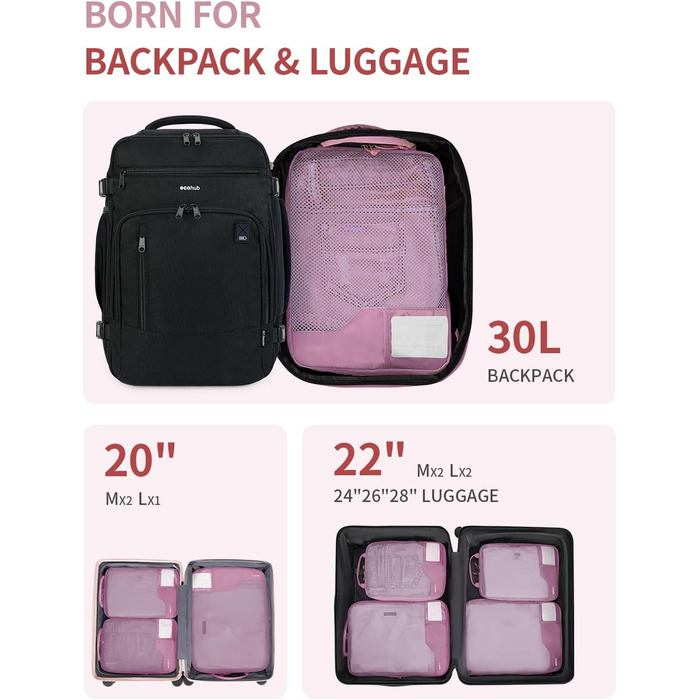 Набір органайзерів для валізи та рюкзака ECOHUB, 4 компресійні пакувальні куби з міцною сіткою та бирками, екологічні дорожні сумки для одягу (Рожевий)