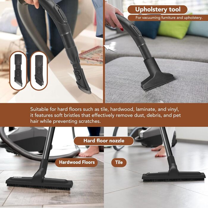 Пилсос Akitas 900W з мішком – мережевий кабель 7 м, радіус дії 10 м, тиха робота 70 дБ, додаткова насадка для підлоги, регульована потужність, велика ємність, для твердих підлог та килимів (C11 Trubo)