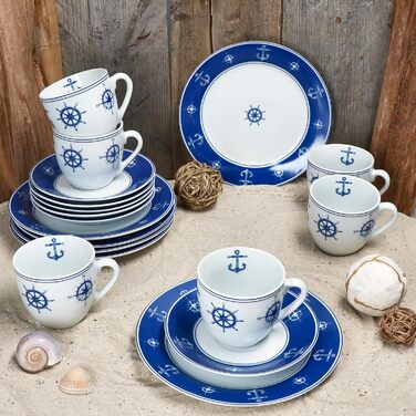 MamboCat AHOI кавовий сервіс 18 предметів (6 осіб) блакитно-білий порцелан з морськими мотивами (якір) | 6 чашок 200 мл, 6 тарілок, 6 підставок