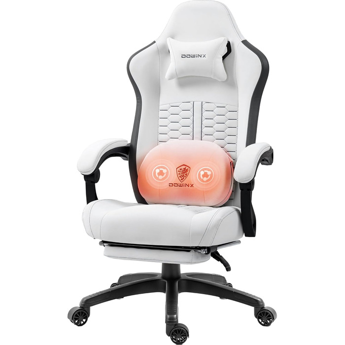 Ігровий крісло Dowinx з підігрівом та масажем попереку, з пружинним наповнювачем та підставкою для ніг, High Back PC крісло для дорослих (білий)