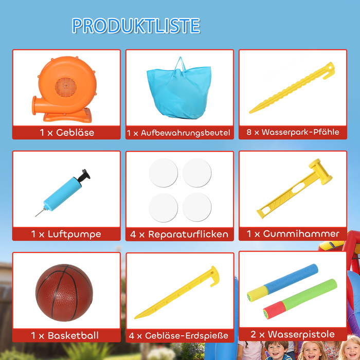 Надувний ігровий центр з насосом, гірка, батут, дитячий басейн/бісеринки, водяний пістолет, 364x173x182 см, блакитний