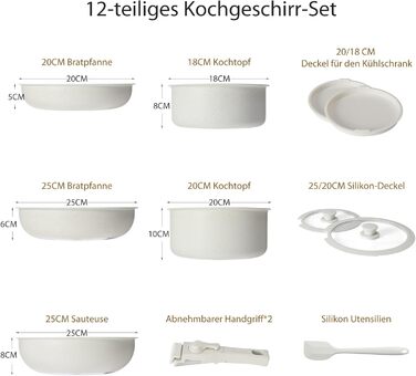 Набір посуду Sweetcrispy 12 предметів: сковорідки та каструлі з знімними ручками, антипригарне покриття, для індукції, сумісний з духовкою, білий