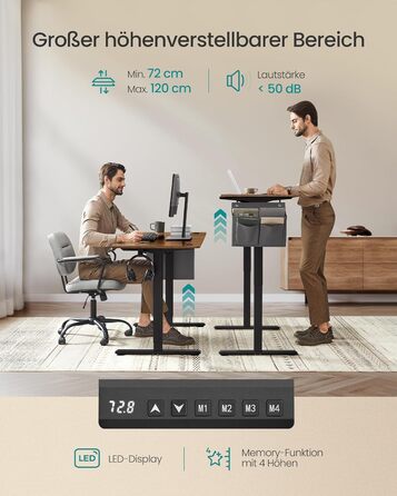 SONGMICS Стол письменний електричний, 160 x 70 см, регульована висота, 4 положення пам'яті, для офісу, вінтажний коричневий, LSD136K01