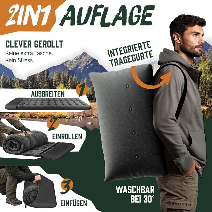 Складане розкладне ліжко ELONEO NEU для кемпінгу та подорожей з преміум-матрацом, витримує до 200 кг, з сумкою для перенесення, антрацит