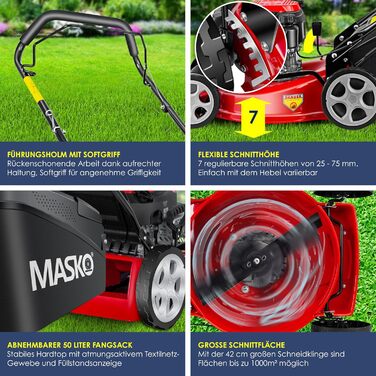 Бензиновий газонокосарка MASKO® 5in1 | Ширина косіння 51 см | 8 положень висоти стрижки | 4-тактний OHV двигун 6.0 PS | Об'єм кошика 65 л | В комплекті: комплект для мульчування, боковий викид (ширина 42 см)