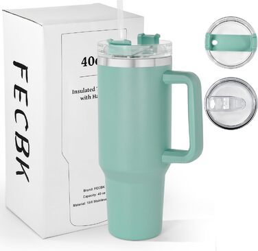 Термокружка FECBK з соломкою та ручкою 1,2L, 100% без витоку, нержавіюча сталь, вакуумна ізоляція, з ручкою, зберігає тепло 12 год / холод 34 год, Gepard (м'ятний)