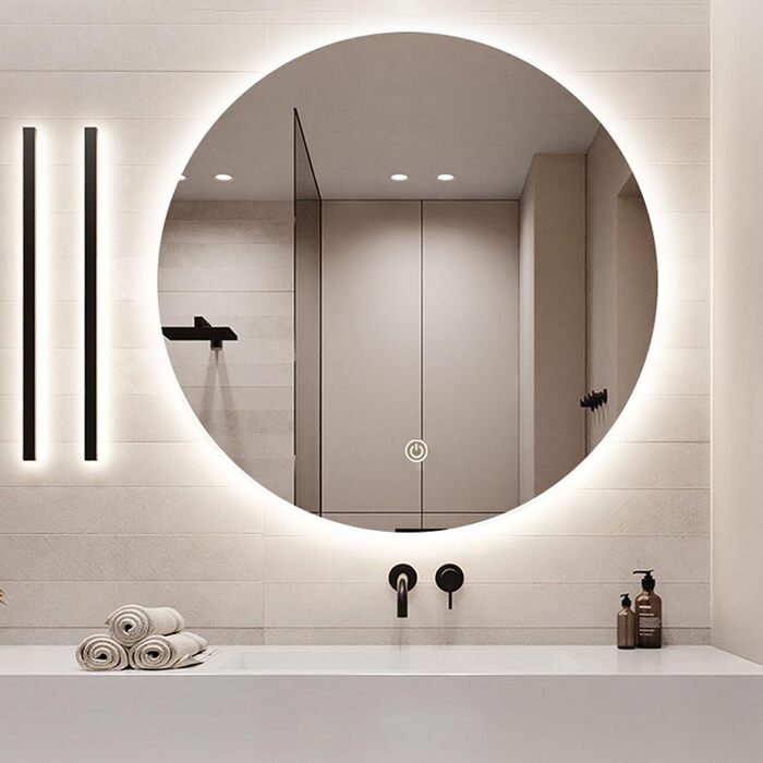 LED дзеркало для ванної кімнати з підсвічуванням, круглий дзеркало для макіяжу, сенсорна кнопка, без рамки (40 см), 40x40 см, біле світло
