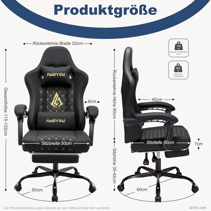 Ігровий крісло Andyou Racing Gamer, ергономічний крісло з підставкою для спини, штучна шкіра, 130 кг, чорний