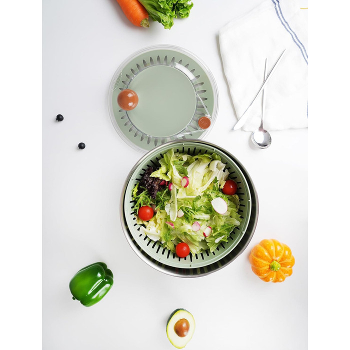 Салатниця-швидкообертач 5л з нержавіючої сталі 18/10, з антиковзним дном та стоп-кнопкою, велика, BPA-free