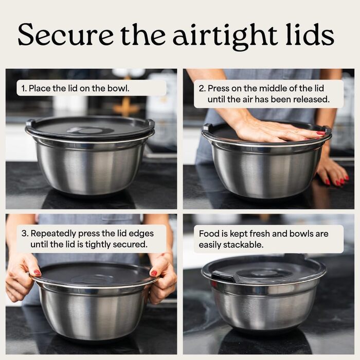 Набір місок для перемішування з нержавіючої сталі WHYSKO | Контейнери для зберігання продуктів, міски для кухні та холодильника | Екологічні, міцні (з чорними кришками)