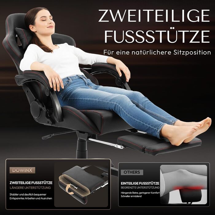 Ігровий крісло Dowinx з регульованою підніжкою, масажним поперековим валиком та офісним комфортом, до 200 кг, кут нахилу спинки 165°, чорний