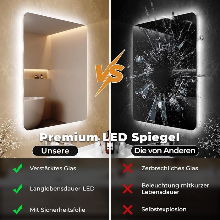 Дзеркало для ванної кімнати LOMIKEN з підсвічуванням, 60 x 50 x 3,5 см, LED, 6400K, холодний білий, енергозбереження, вертикальне/горизонтальне кріплення