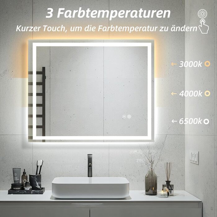 Дзеркало для ванної кімнати HySail з підсвічуванням, 80x60 см, 5 мм, антизапарник, сенсорне керування, 3 кольори світла, диммування