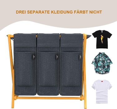 Кошик для білизни AdelDream з 3 відділеннями, 150л, бамбук, сірий - система сортування